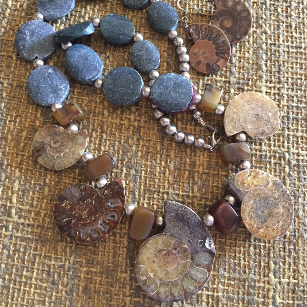 Fossil, Jade and Agate Necklace and Earrings
